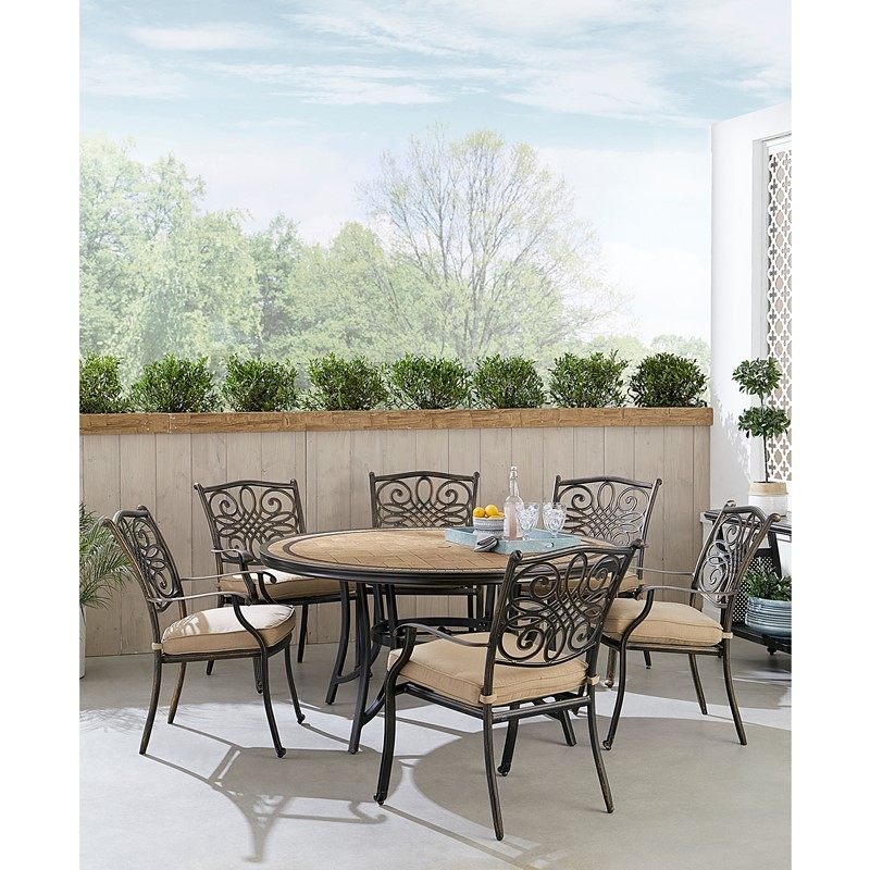 HANOVER MONDN7PCRDTL-C-TAN MONACO 7-PIECE DINING SET WITH SIX DINING CHAIRS AND TILE TOP TABLE - TAN AND BRONZE