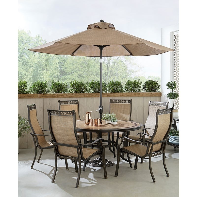 HANOVER MONDN7PCRDTL-SU MONACO 7-PIECE OUTDOOR DINING SET WITH 6 SLING DINING CHAIRS, TILE TOP TABLE AND UMBRELLA - TAN AND BRONZE