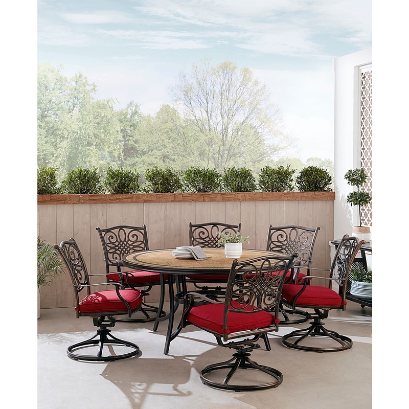 HANOVER MONDN7PCSW6RDTL-C-RED MONACO 7-PIECE DINING SET WITH SIX SWIVEL ROCKERS AND TILE TOP TABLE - RED AND BRONZE
