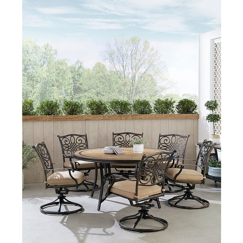 HANOVER MONDN7PCSW6RDTL-C-TAN MONACO 7-PIECE DINING SET WITH SIX SWIVEL ROCKERS AND TILE TOP TABLE - TAN AND BRONZE