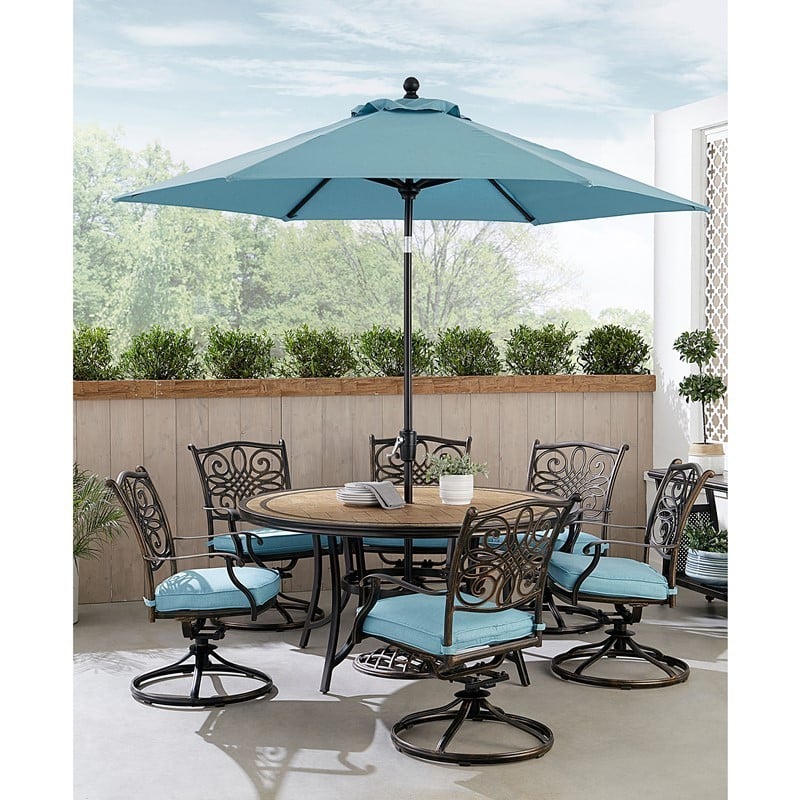 HANOVER MONDN7PCSW6RDTLC-SU-B MONACO 7-PIECE DINING SET WITH SIX SWIVEL ROCKERS, TILE TOP TABLE AND UMBRELLA - BLUE AND BRONZE