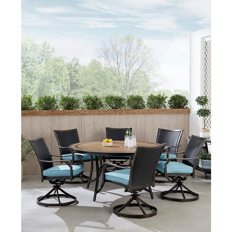 HANOVER MONDNWB7PCSW6RDTL-BLU MONACO 7-PIECE DINING SET WITH 6 WICKER BACK SWIVEL ROCKERS AND TILE TOP TABLE - BLUE AND BRONZE