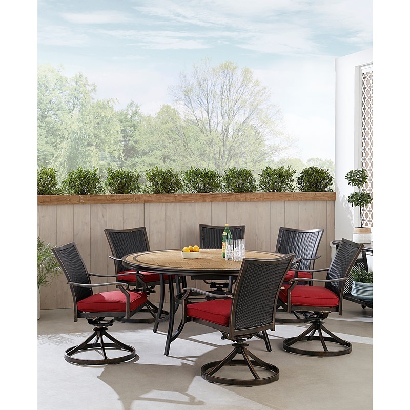 HANOVER MONDNWB7PCSW6RDTL-RED MONACO 7-PIECE DINING SET WITH 6 WICKER BACK SWIVEL ROCKERS AND TILE TOP TABLE - RED AND BRONZE