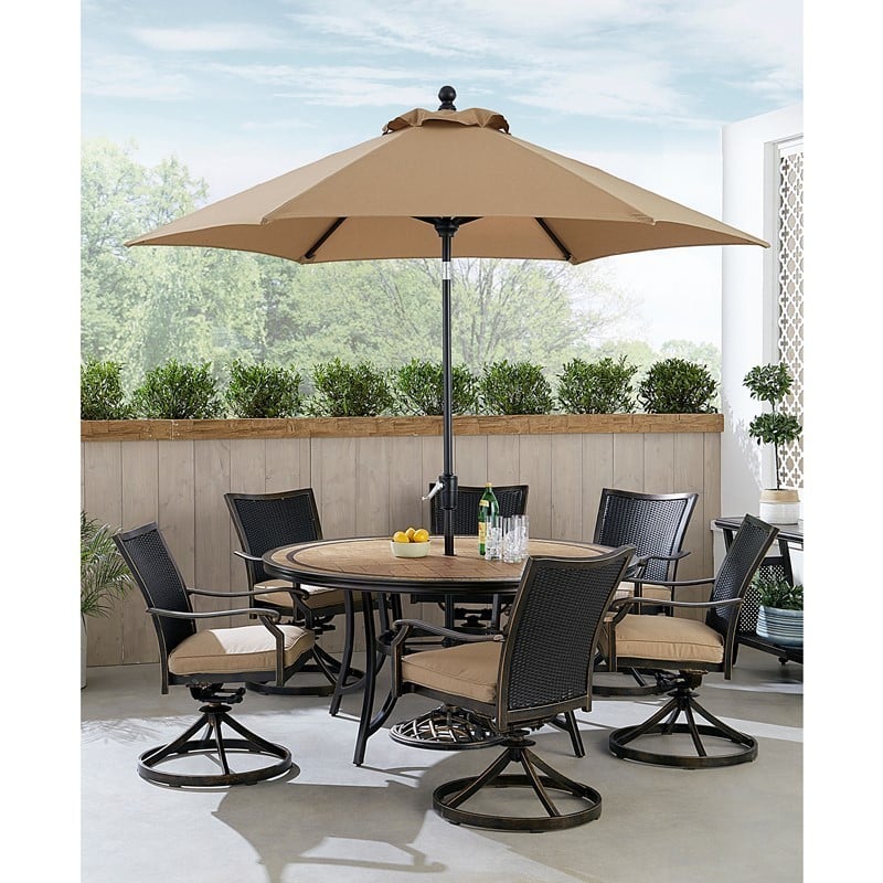 HANOVER MONDNWB7PCSW6RDTL-SU-T MONACO 7-PIECE DINING SET WITH 6 WICKER BACK SWIVEL ROCKERS, TILE TOP TABLE AND 9-FEET UMBRELLA - TAN AND BRONZE