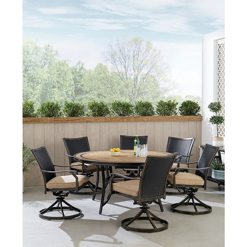 HANOVER MONDNWB7PCSW6RDTL-TAN MONACO 7-PIECE DINING SET WITH 6 WICKER BACK SWIVEL ROCKERS AND TILE TOP TABLE - TAN AND BRONZE
