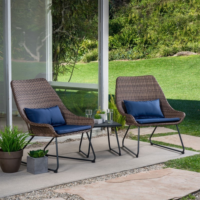 MOD FURNITURE MONTK3PC-NVY MONTAUK 3-PIECE WICKER SCOOP CHAT SET WITH CUSHIONS - NAVY