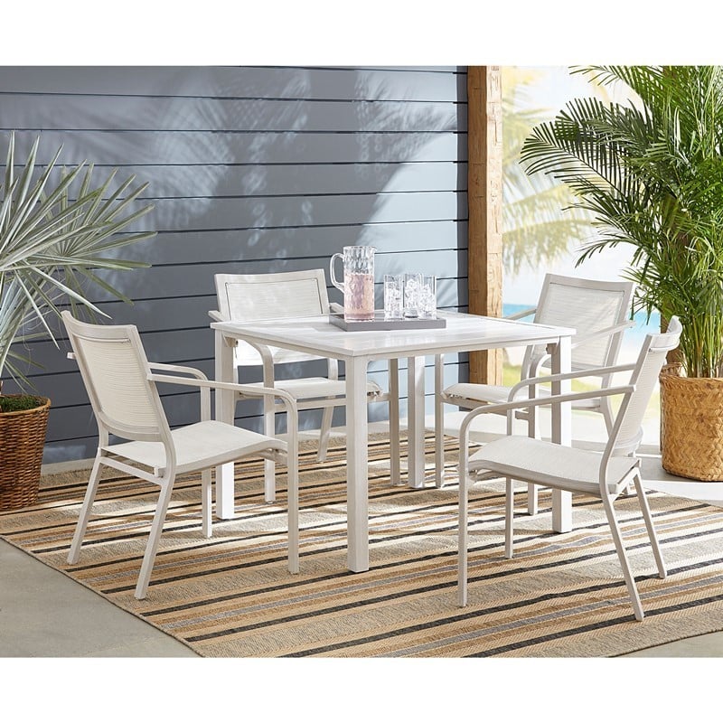 HANOVER MORDN5PC-WHT MORRISON 5-PIECE DINING SET WITH 4 STACKABLE ALUMINUM SLING CHAIRS AND SQUARE DINING TABLE - WHITE