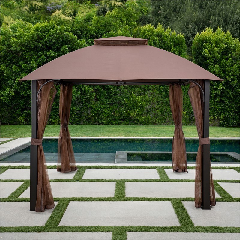 HANOVER MORNVLGAZ-TAN 118 INCH MORNING VALE ALUMINUM AND STEEL GAZEBO WITH MOSQUITO NETTING - BROWN AND DARK GRAY