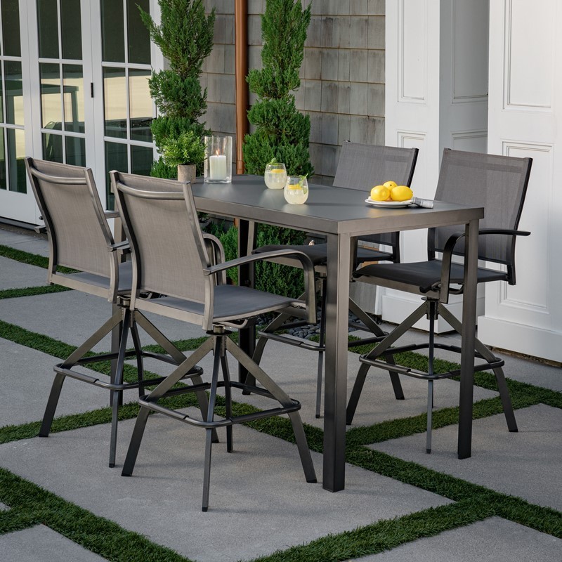 HANOVER NAPDN5PCBR-GRY NAPLES 5-PIECE OUTDOOR HIGH-DINING SET WITH 4 SWIVEL BAR CHAIRS AND GLASS TOP BAR TABLE - GRAY