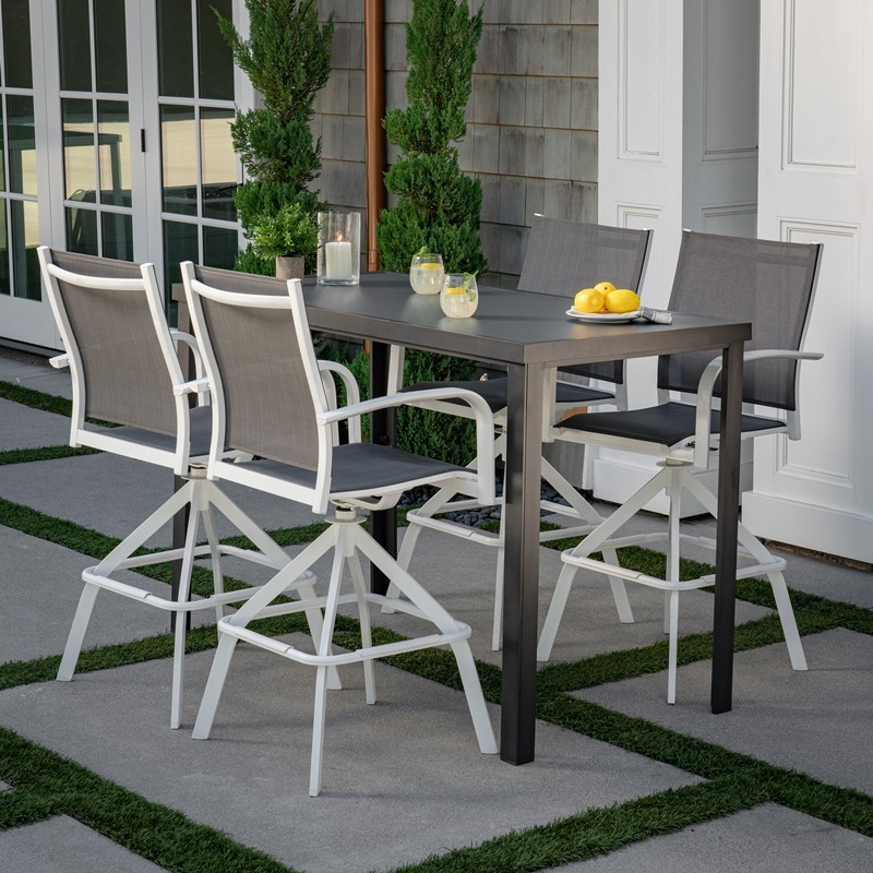 HANOVER NAPDN5PCBR-WG NAPLES 5-PIECE OUTDOOR HIGH-DINING SET WITH 4 SWIVEL BAR CHAIRS AND GLASS TOP BAR TABLE - WHITE AND GRAY