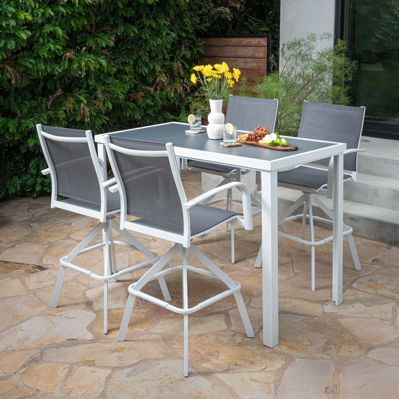 HANOVER NAPDN5PCBR-WHT NAPLES 5-PIECE OUTDOOR HIGH-DINING SET WITH 4 SWIVEL BAR CHAIRS AND GLASS TOP BAR TABLE - WHITE