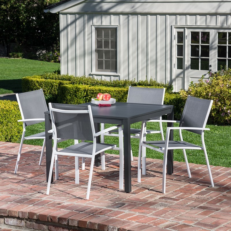 HANOVER NAPDNS5PCSQ-WHT NAPLES 5-PIECE OUTDOOR DINING SET WITH 4 SLING ARM CHAIRS AND SQUARE DINING TABLE - WHITE AND GRAY