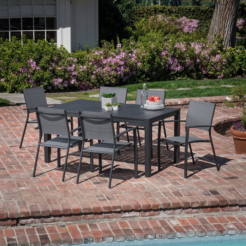 HANOVER NAPDNS7PC-GRY NAPLES 7-PIECE OUTDOOR DINING SET WITH 6 SLING CHAIRS AND DINING TABLE - GRAY AND GRAY