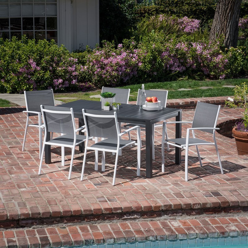 HANOVER NAPDNS7PC-WHT NAPLES 7-PIECE OUTDOOR DINING SET WITH 6 SLING CHAIRS AND DINING TABLE - WHITE AND GRAY