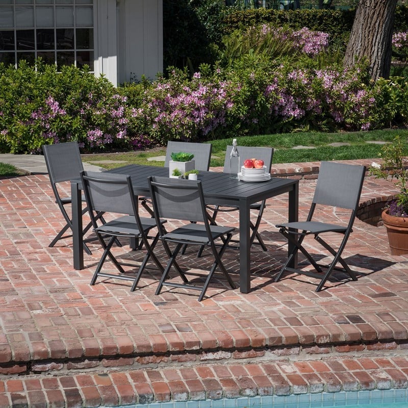 HANOVER NAPDNS7PCFD-GRY NAPLES 7-PIECE OUTDOOR DINING SET WITH 6 SLING FOLDING CHAIRS AND DINING TABLE - GRAY AND GRAY