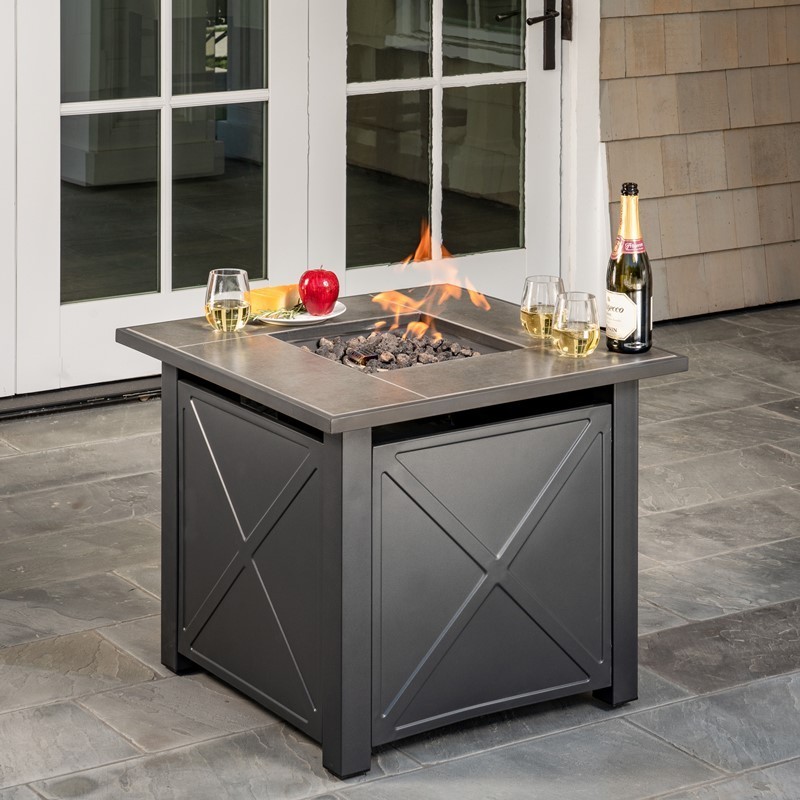 HANOVER NAPLES1PCFP NAPLES 30 1/8 INCH TILE TOP GAS FIRE PIT TABLE WITH BURNER COVER AND LAVA ROCKS - GRAY