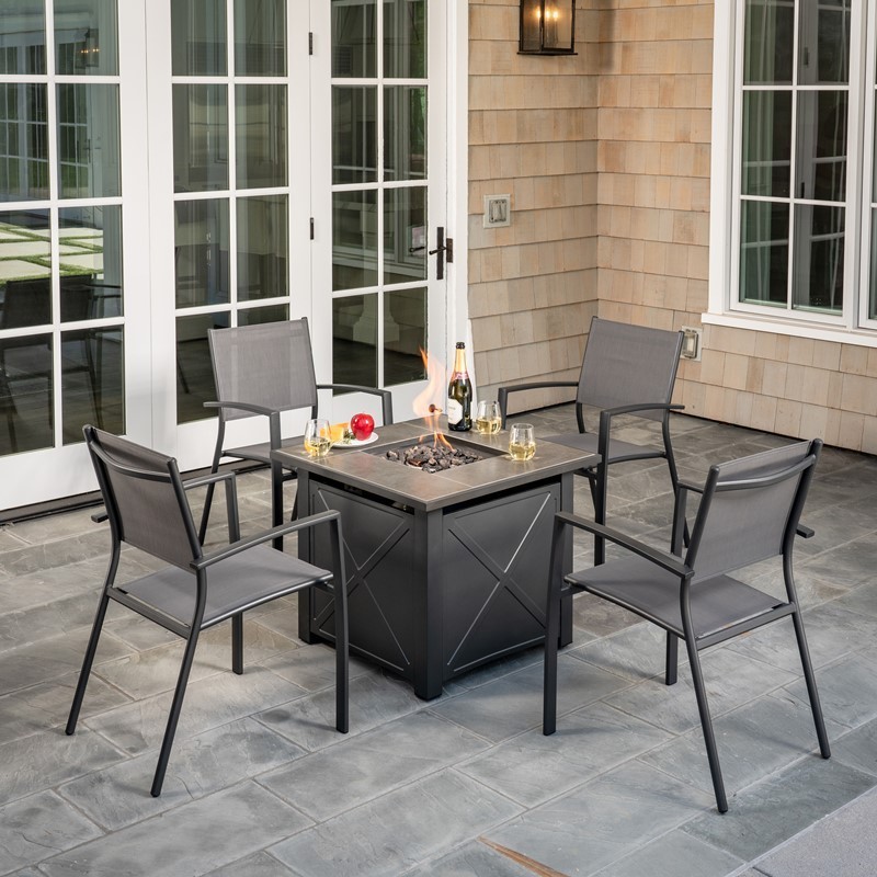 HANOVER NAPLES5PCSLFP-GRY NAPLES 5-PIECE FIRE PIT CHAT SET WITH 4 SLING CHAIRS AND TILE TOP FIRE PIT TABLE WITH BURNER COVER - GRAY