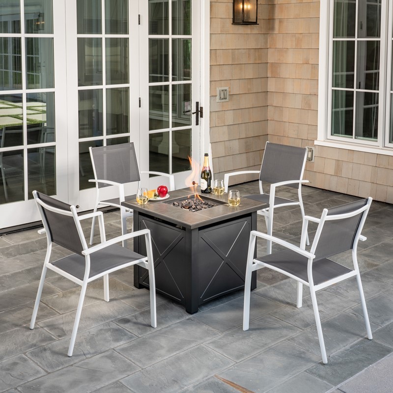 HANOVER NAPLES5PCSLFP-WG NAPLES 5-PIECE FIRE PIT CHAT SET WITH 4 SLING CHAIRS AND TILE TOP FIRE PIT TABLE WITH BURNER COVER - WHITE AND GRAY