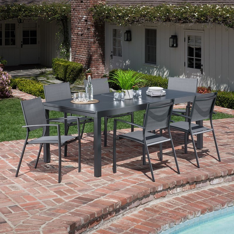HANOVER NAPLESDN7PC-GRY NAPLES 7-PIECE OUTDOOR DINING SET WITH 6 SLING CHAIRS AND EXPANDABLE DINING TABLE - GRAY