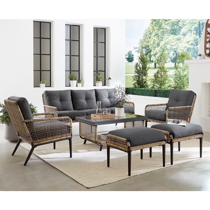 MOD PAS6PC-CHR PASADENA 6-PIECE CHAT SET WITH SOFA, 2 SIDE CHAIRS, 2 OTTOMANS AND COFFEE TABLE - TAN AND CHARCOAL
