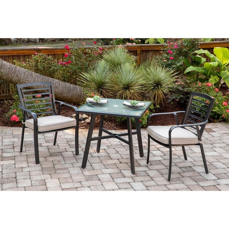 HANOVER PEMDN3PCG-ASH PEMBERTON 3-PIECE COMMERCIAL-GRADE BISTRO SET WITH 2 CUSHIONED DINING CHAIRS AND SQUARE GLASS-TOP TABLE - CAST ASH AND GUNMETAL