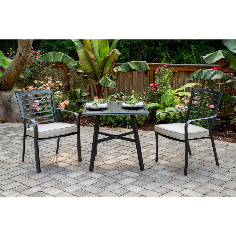HANOVER PEMDN3PCS-ASH PEMBERTON 3-PIECE COMMERCIAL-GRADE BISTRO SET WITH 2 CUSHIONED DINING CHAIRS AND SQUARE SLAT TOP TABLE - CAST ASH AND GUNMETAL