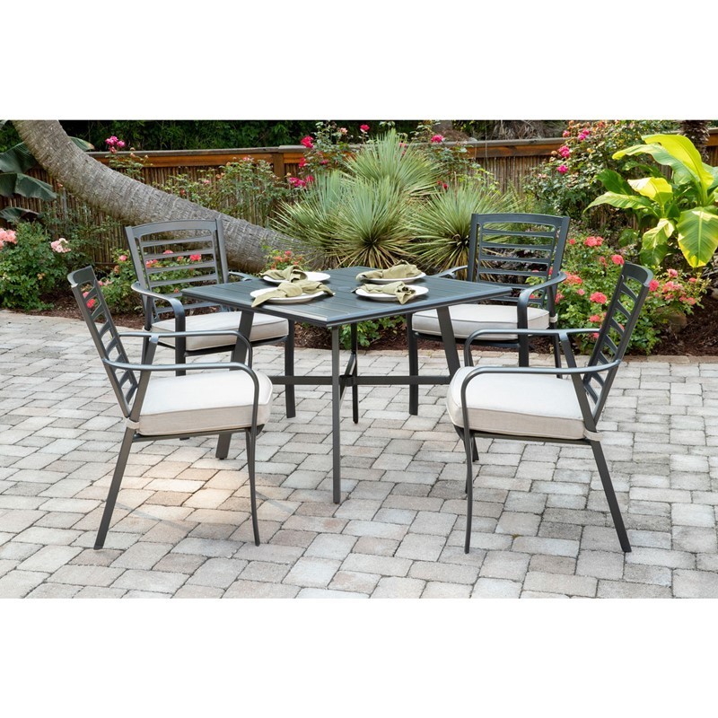 HANOVER PEMDN5PCS-ASH PEMBERTON 5-PIECE COMMERCIAL-GRADE PATIO SET WITH 4 CUSHIONED DINING CHAIRS AND SQUARE SLAT TOP TABLE - CAST ASH AND GUNMETAL