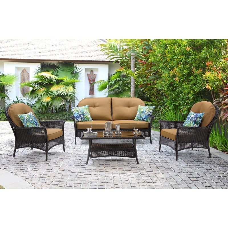 HANOVER SUNPRCH4PC-TAN SUN PORCH 4-PIECE RESIN LOUNGE SET WITH HANDWOVEN LOVESEAT, 2 ARMCHAIRS, COFFEE TABLE AND PLUSH CUSHIONS - TAN AND BROWN
