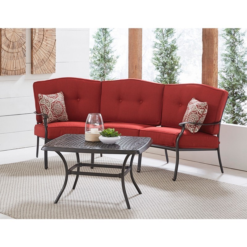 HANOVER TRAD2PCCT-RED TRADITIONS 2-PIECE PATIO SET WITH CAST TOP COFFEE TABLE AND CRESCENT SOFA - RED AND BRONZE