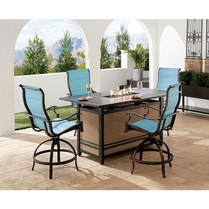 HANOVER TRAD5PCPFPDBR-BLU TRADITIONS 5-PIECE HIGH-DINING SET WITH 4 PADDED COUNTER-HEIGHT SWIVEL CHAIRS AND FIRE PIT DINING TABLE - BLUE AND BRONZE