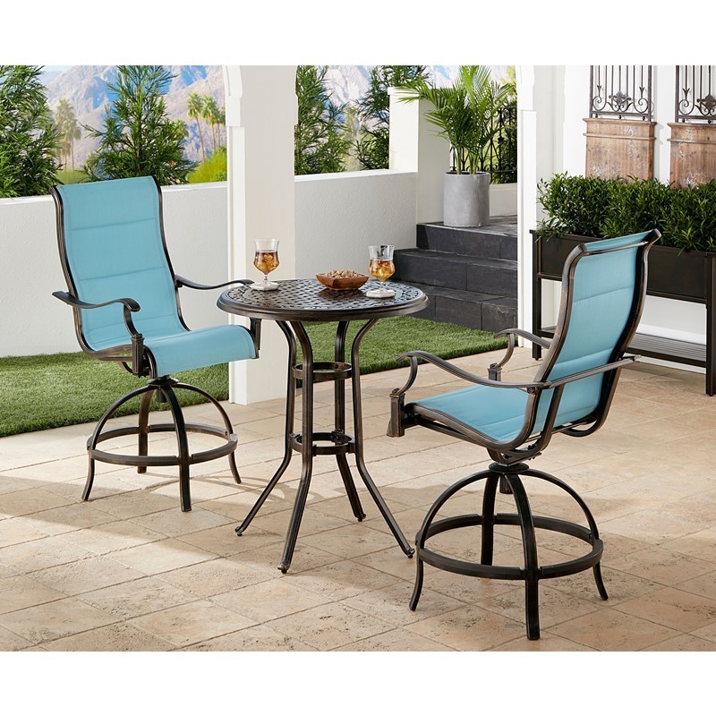 HANOVER TRADDN3PCPDBR-BLU TRADITIONS 3-PIECE HIGH-DINING BISTRO SET WITH 2 PADDED SWIVEL COUNTER-HEIGHT CHAIRS AND CAST TOP TABLE - BLUE AND BRONZE