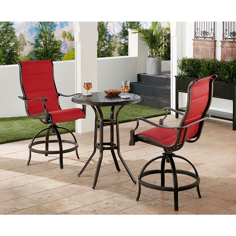 HANOVER TRADDN3PCPDBR-RED TRADITIONS 3-PIECE HIGH-DINING BISTRO SET WITH 2 PADDED SWIVEL COUNTER-HEIGHT CHAIRS AND CAST TOP TABLE - RED AND BRONZE
