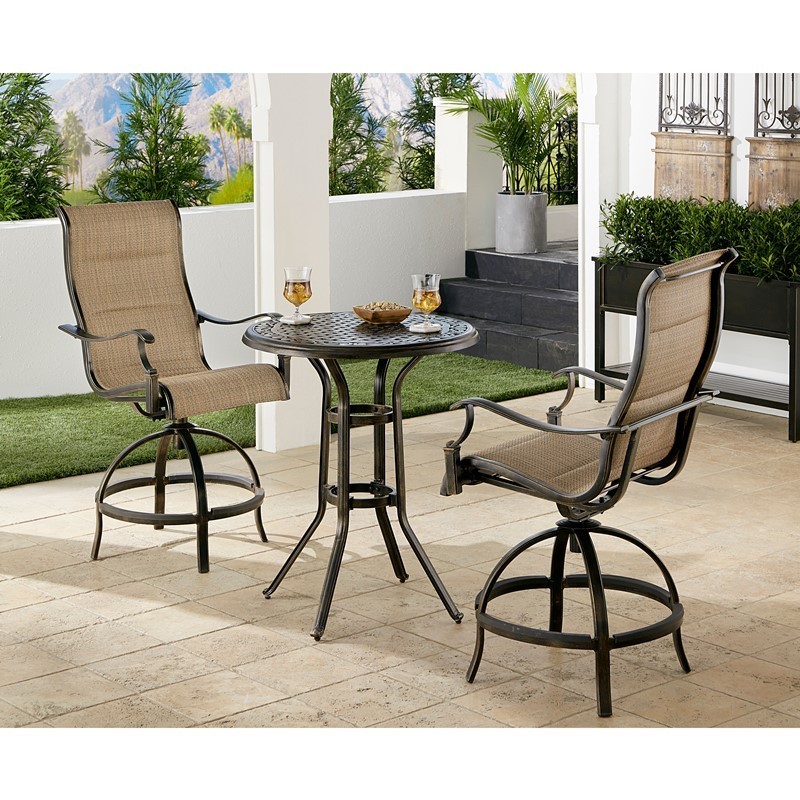 HANOVER TRADDN3PCPDBR-TAN TRADITIONS 3-PIECE HIGH-DINING BISTRO SET WITH 2 PADDED SWIVEL COUNTER-HEIGHT CHAIRS AND CAST TOP TABLE - TAN AND BRONZE