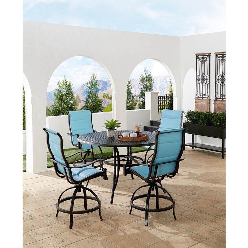 HANOVER TRADDN5PCPDBR-BLU TRADITIONS 5-PIECE HIGH-DINING SET WITH 4 PADDED SWIVEL COUNTER-HEIGHT CHAIRS AND CAST TOP TABLE - BLUE AND BRONZE