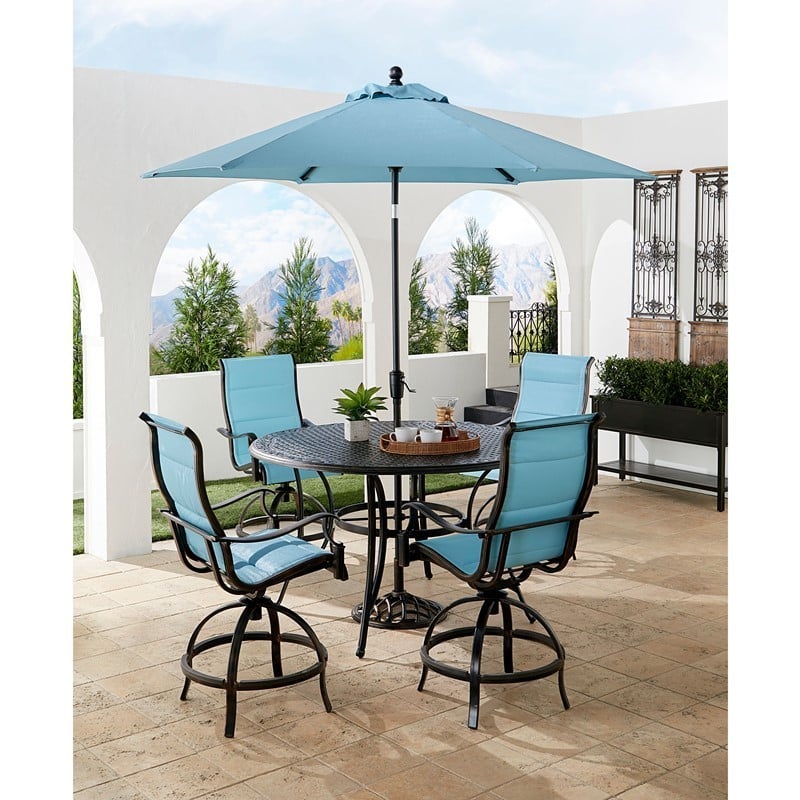 HANOVER TRADDN5PCPDBR-SU-B TRADITIONS 5-PIECE HIGH-DINING SET WITH 4 SWIVEL COUNTER-HEIGHT CHAIRS, TABLE AND 9-FEET UMBRELLA - BLUE AND BRONZE