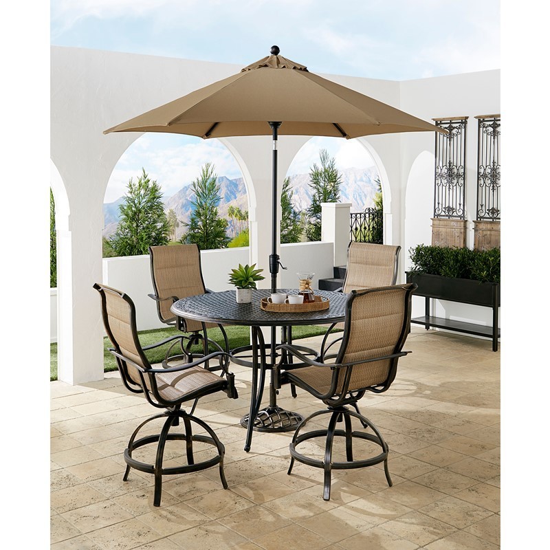 HANOVER TRADDN5PCPDBR-SU-T TRADITIONS 5-PIECE HIGH-DINING SET WITH 4 SWIVEL COUNTER-HEIGHT CHAIRS, TABLE AND 9-FEET UMBRELLA - TAN AND BRONZE