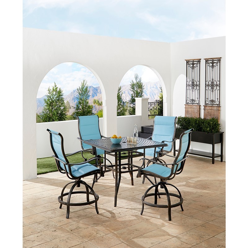 HANOVER TRADDN5PCPDSQBR-BLU TRADITIONS 5-PIECE HIGH-DINING SET WITH 4 PADDED SWIVEL COUNTER-HEIGHT CHAIRS AND CAST TOP TABLE - BLUE AND BRONZE