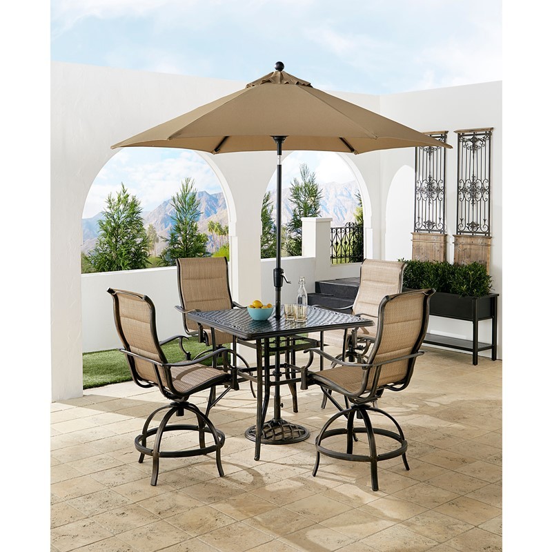 HANOVER TRADDN5PCPDSQBR-SU-T TRADITIONS 5-PIECE HIGH-DINING SET WITH 4 SWIVEL COUNTER-HEIGHT CHAIRS, TABLE AND 9-FEET UMBRELLA - TAN AND BRONZE