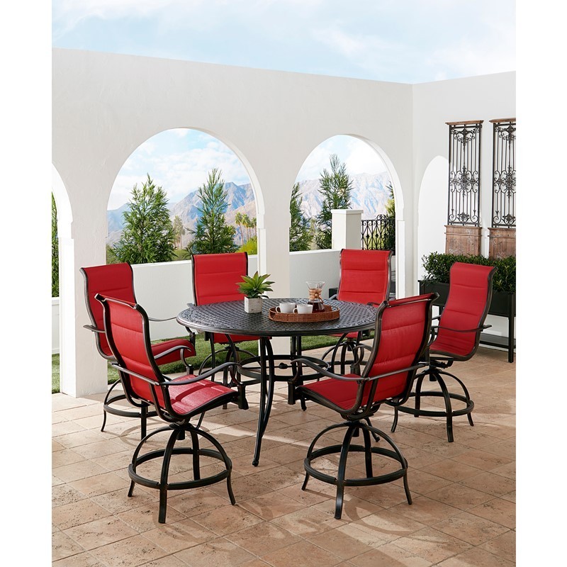 HANOVER TRADDN7PCPDBR-RED TRADITIONS 7-PIECE HIGH-DINING SET WITH 6 PADDED SWIVEL COUNTER-HEIGHT CHAIRS AND CAST TOP TABLE - RED AND BRONZE