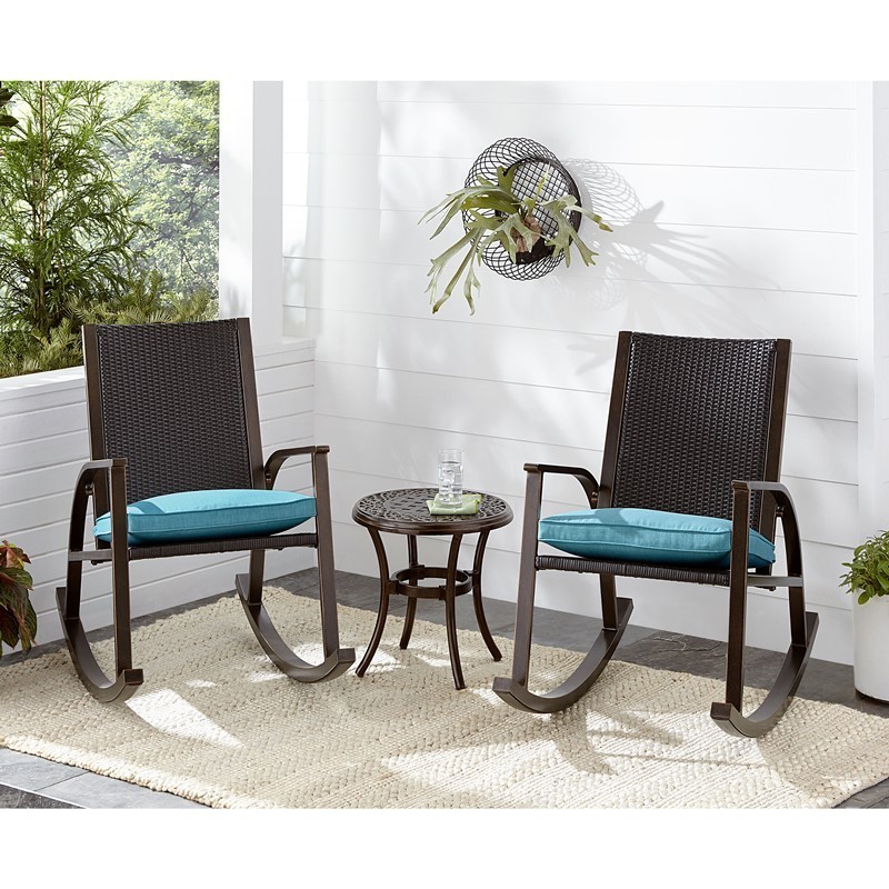 HANOVER TRADWB3PCRKR-BLU TRADITIONS 3-PIECE CHAT SET WITH 2 ALUMINUM WICKER BACK CUSHIONED ROCKING CHAIRS AND SIDE TABLE - BLUE AND BRONZE