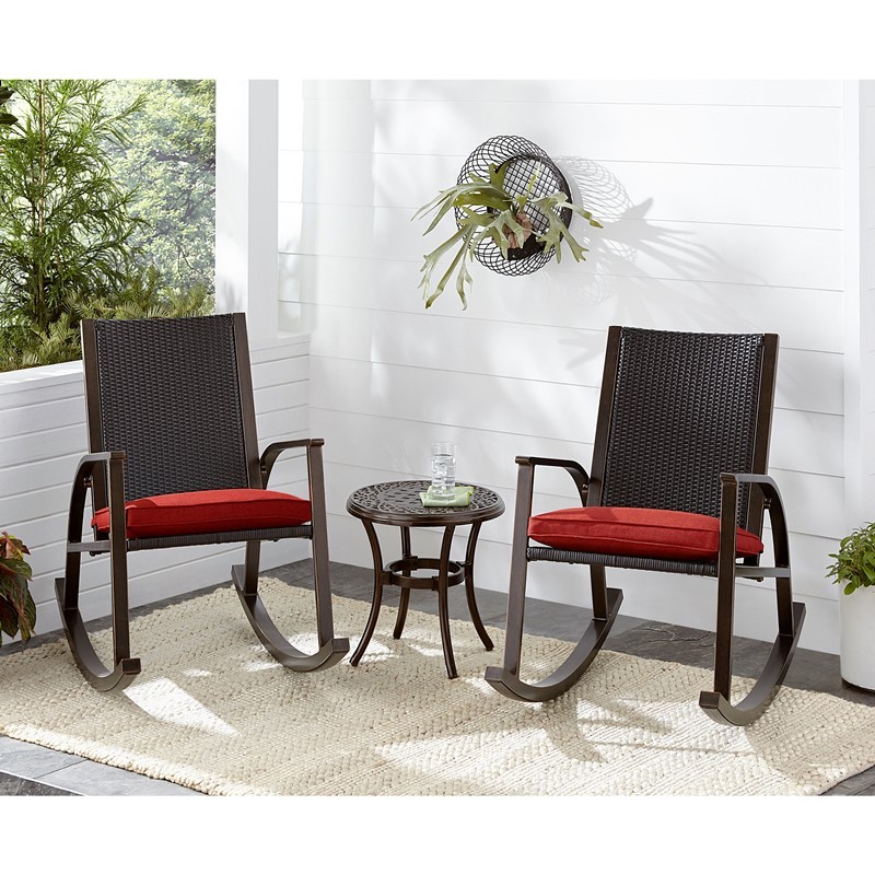 HANOVER TRADWB3PCRKR-RED TRADITIONS 3-PIECE CHAT SET WITH 2 ALUMINUM WICKER BACK CUSHIONED ROCKING CHAIRS AND SIDE TABLE - RED AND BRONZE
