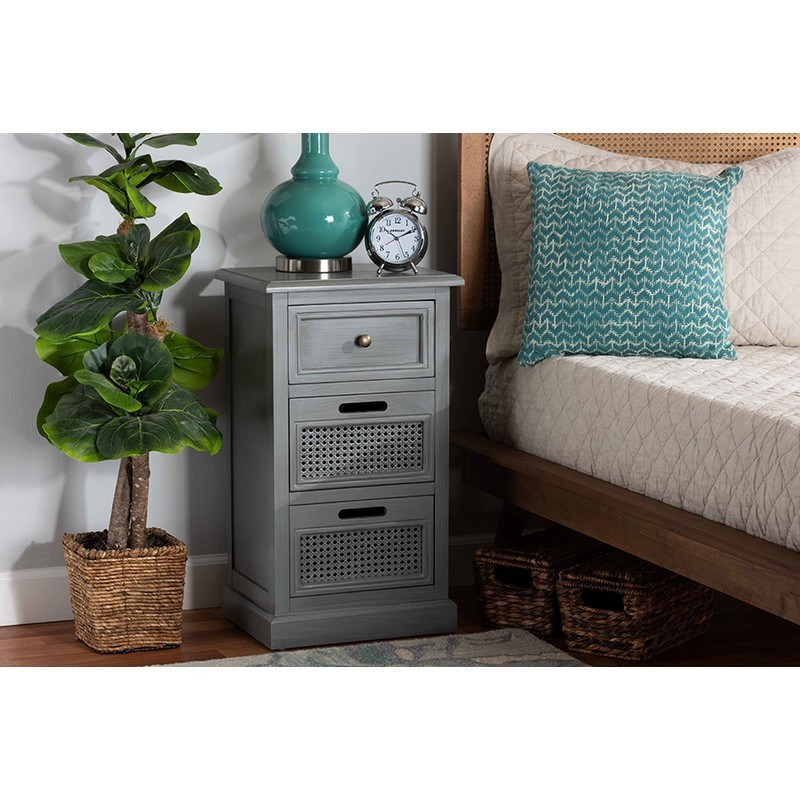 BAXTON STUDIO JY20B072-GREY-ET 15.7 INCH SHELDON MODERN AND CONTEMPORARY VINTAGE GREY FINISHED WOOD AND SYNTHETIC RATTAN 3-DRAWER END TABLE