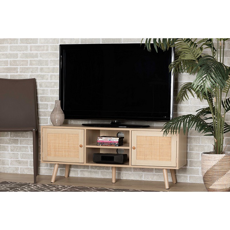 BAXTON STUDIO LCF19046-RATTAN-TV STAND 47.2 INCH SEBILLE MID-CENTURY MODERN LIGHT BROWN FINISHED WOOD 2-DOOR TV STAND WITH NATURAL RATTAN