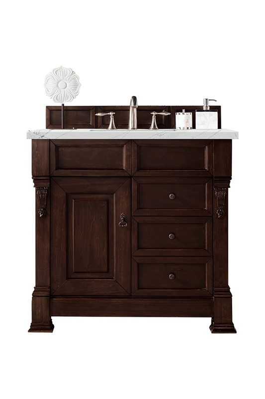 JAMES MARTIN 147-114-5566-3ENC BROOKFIELD 36 INCH SINGLE VANITY CABINET WITH ETHEREAL NOCTIS QUARTZ TOP - BURNISHED MAHOGANY