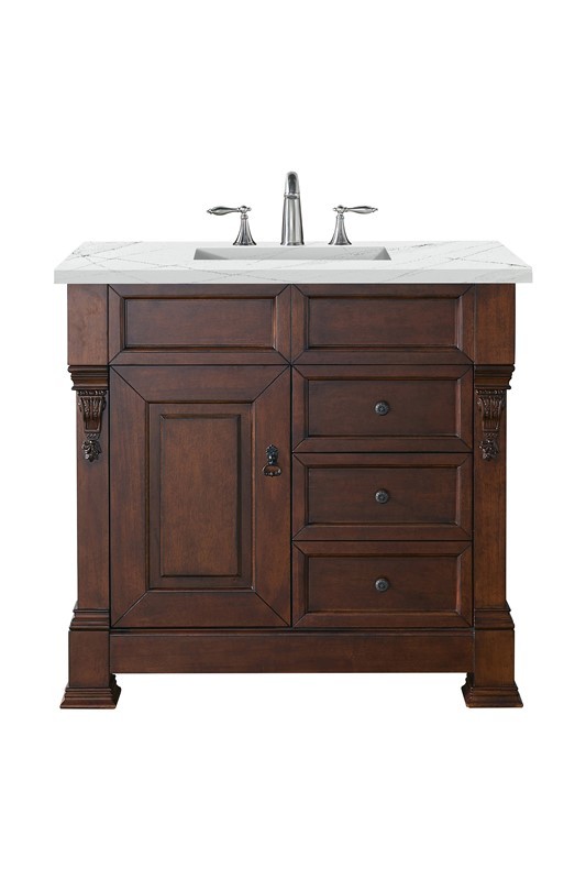 JAMES MARTIN 147-114-5586-3ENC BROOKFIELD 36 INCH SINGLE VANITY CABINET WITH ETHEREAL NOCTIS QUARTZ TOP - WARM CHERRY