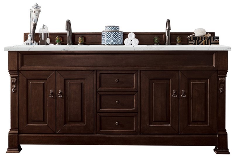 JAMES MARTIN 147-114-5761-3ENC BROOKFIELD 72 INCH DOUBLE VANITY CABINET WITH ETHEREAL NOCTIS QUARTZ TOP - BURNISHED MAHOGANY