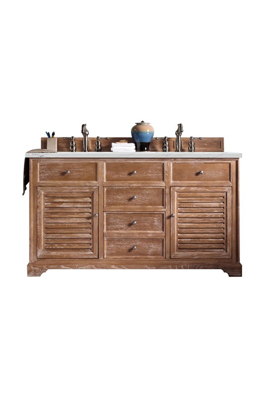 JAMES MARTIN 238-104-5611-3ENC SAVANNAH 60 INCH DOUBLE VANITY CABINET WITH ETHEREAL NOCTIS QUARTZ TOP - DRIFTWOOD
