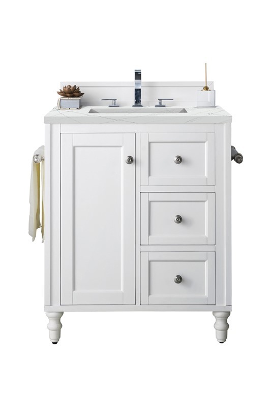JAMES MARTIN 301-V30-BW-3ENC COPPER COVE ENCORE 30 INCH SINGLE VANITY CABINET WITH ETHEREAL NOCTIS QUARTZ TOP - BRIGHT WHITE