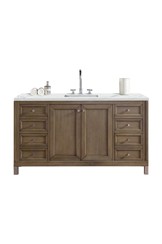 JAMES MARTIN 305-V60S-WWW-3ENC CHICAGO 60 INCH SINGLE VANITY CABINET WITH ETHEREAL NOCTIS QUARTZ TOP - WHITEWASHED WALNUT