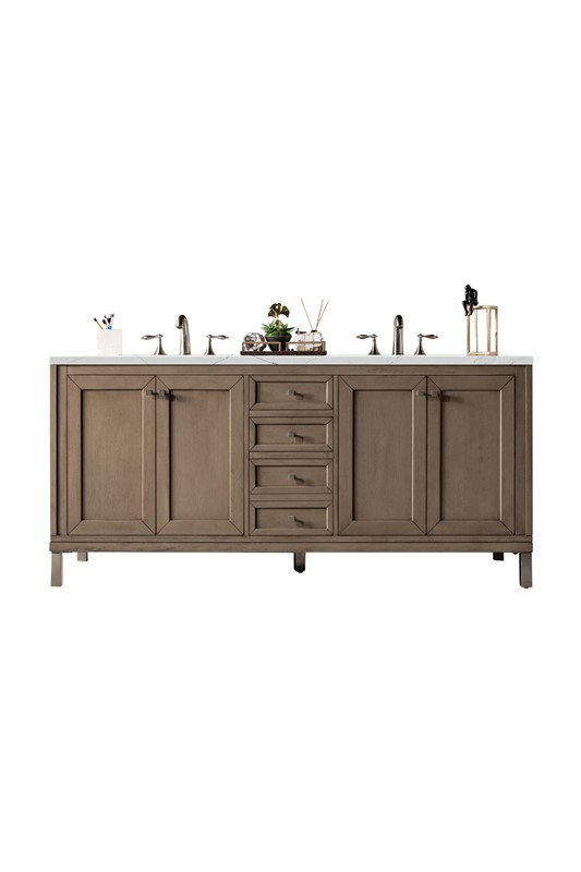 JAMES MARTIN 305-V72-WWW-3ENC CHICAGO 72 INCH DOUBLE VANITY CABINET WITH ETHEREAL NOCTIS QUARTZ TOP - WHITEWASHED WALNUT